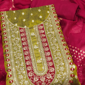 Mehendi Green Butti Jacquard Shimmer Dress Material Enhanced With Sequins Cording Embroidery