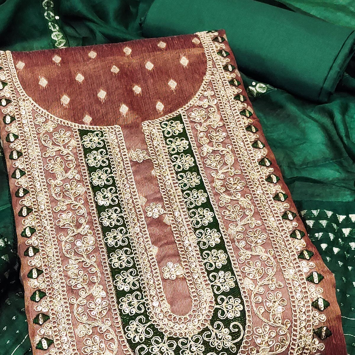 Rust Butti Jacquard Shimmer Dress Material Enhanced With Sequins Cording Embroidery