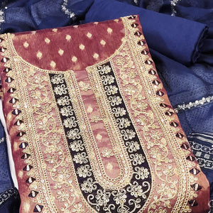 Wine Butti Jacquard Shimmer Dress Material Enhanced With Sequins Cording Embroidery