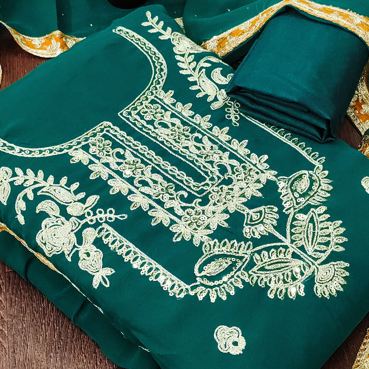 Rama Green Georgette Dress Material Featuring Floral Thread Embroidery With Sequins Accents