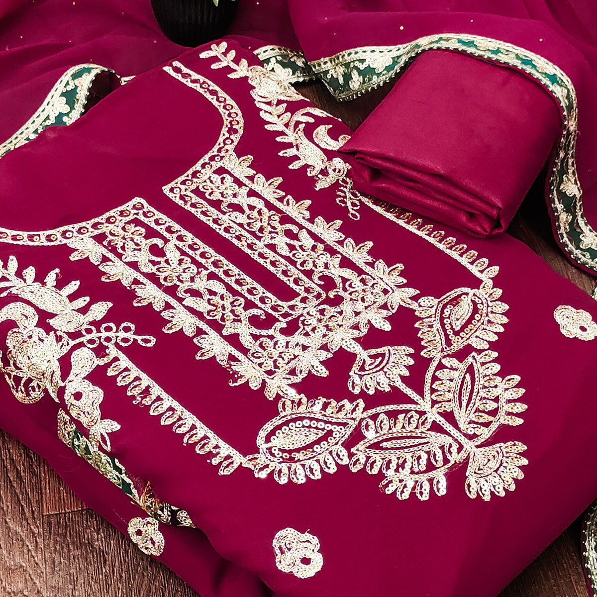 Rani Pink Georgette Dress Material Featuring Floral Thread Embroidery With Sequins Accents