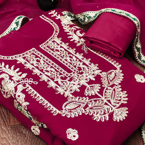 Rani Pink Georgette Dress Material Featuring Floral Thread Embroidery With Sequins Accents