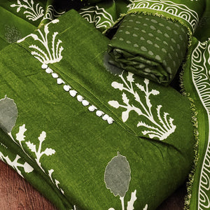 Green Cotton Blend Dress Material Designed With Beautiful Floral Prints
