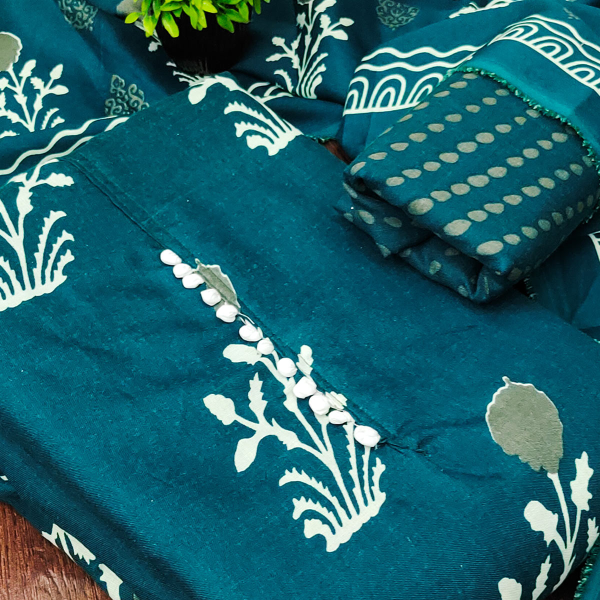 Teal Cotton Blend Dress Material Designed With Beautiful Floral Prints