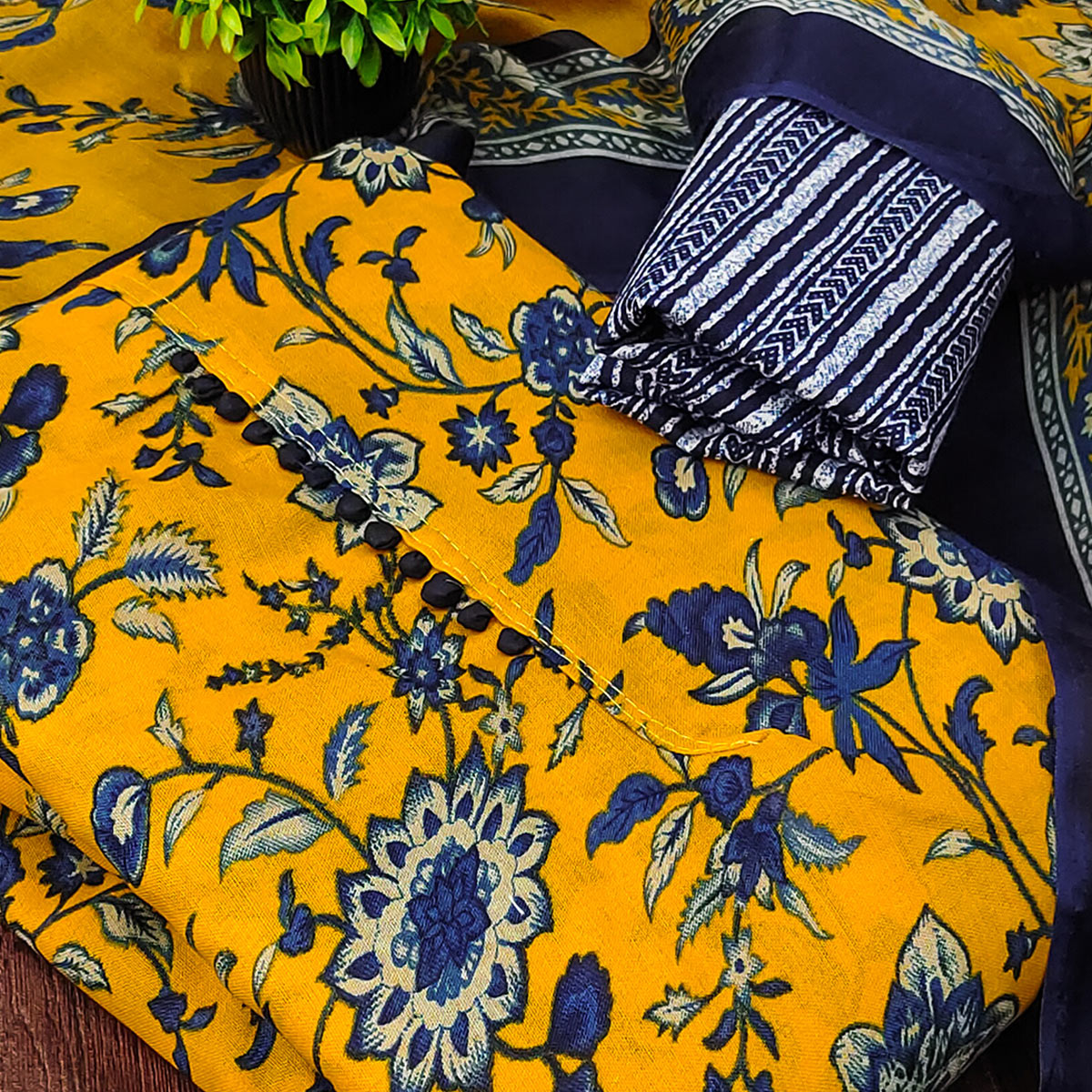Yellow Cotton Blend Dress Material Designed With Beautiful Floral Prints