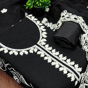 Black Chanderi Silk Dress Material Enhanced With Floral Thread Embroidered Work