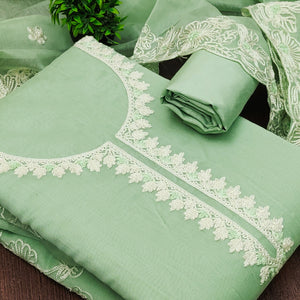Green Chanderi Silk Dress Material Enhanced With Floral Thread Embroidered Work