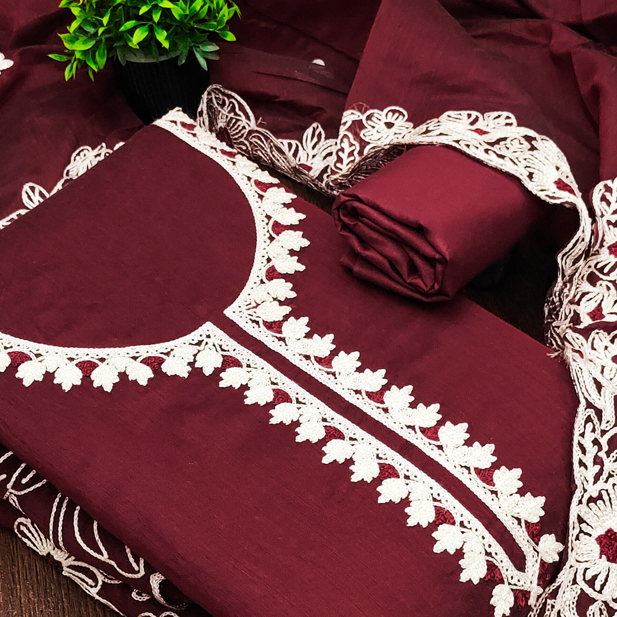 Maroon Chanderi Silk Dress Material Enhanced With Floral Thread Embroidered Work