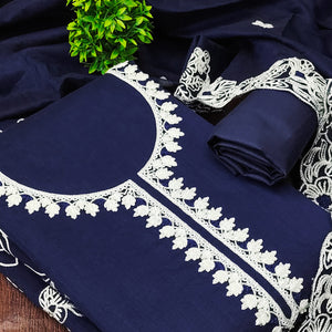 Navy Blue Chanderi Silk Dress Material Enhanced With Floral Thread Embroidered Work
