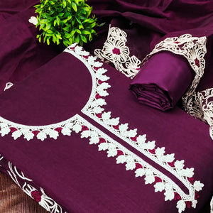 Purple Chanderi Silk Dress Material Enhanced With Floral Thread Embroidered Work