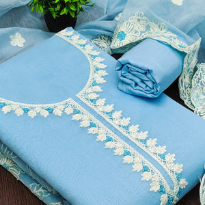 Sky Blue Chanderi Silk Dress Material Enhanced With Floral Thread Embroidered Work