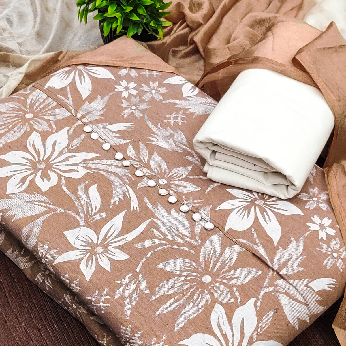 Brown Cotton Blend Dress Material Adorned With Floral Printed Work