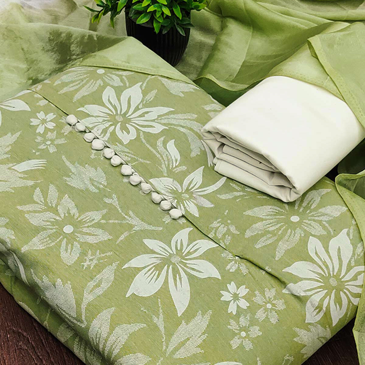 Green Cotton Blend Dress Material Adorned With Floral Printed Work