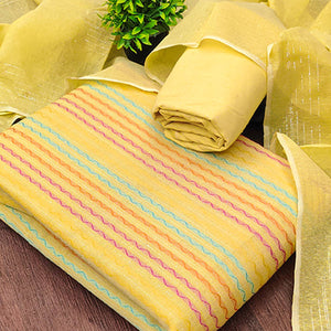 Yellow Poly Cotton Blend  Dress Material Highlighted With Striped Woven Work
