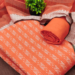 Orange Poly Cotton Blend Dress Material With Striped Pattern Weaving Work