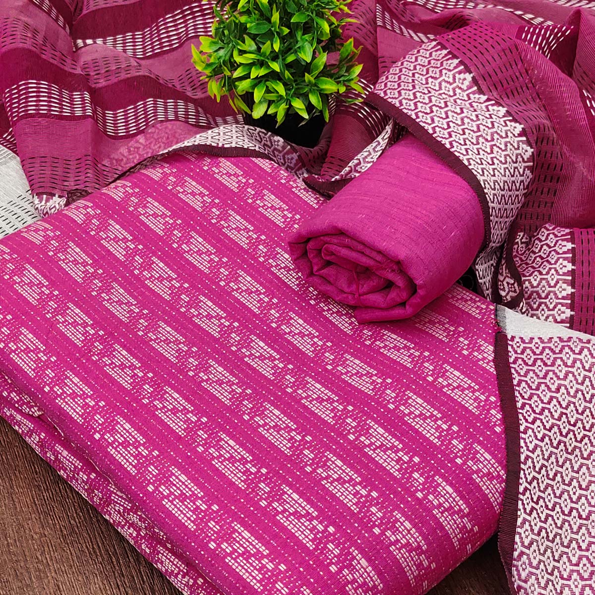 Pink Poly Cotton Blend Dress Material With Striped Pattern Weaving Work