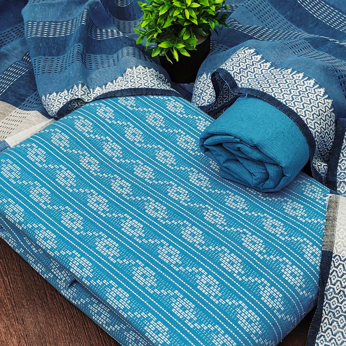 Blue Poly Cotton Blend Dress Material With Striped Pattern Weaving Work