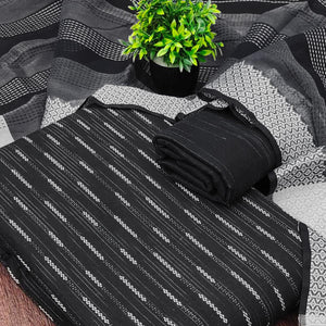 Black Poly Cotton Blend Dress Material Adorned With Striped Weaving Work
