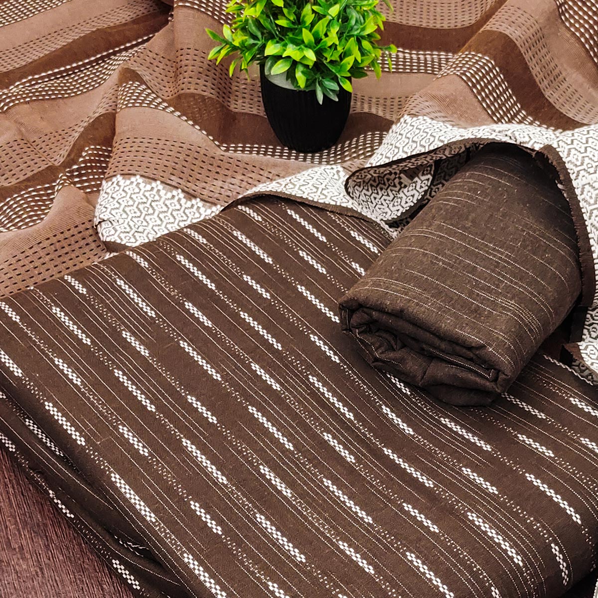 Brown Poly Cotton Blend Dress Material Adorned With Striped Weaving Work