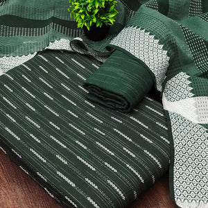 Green Poly Cotton Blend Dress Material Adorned With Striped Weaving Work