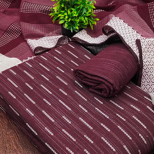 Wine Poly Cotton Blend Dress Material Adorned With Striped Weaving Work