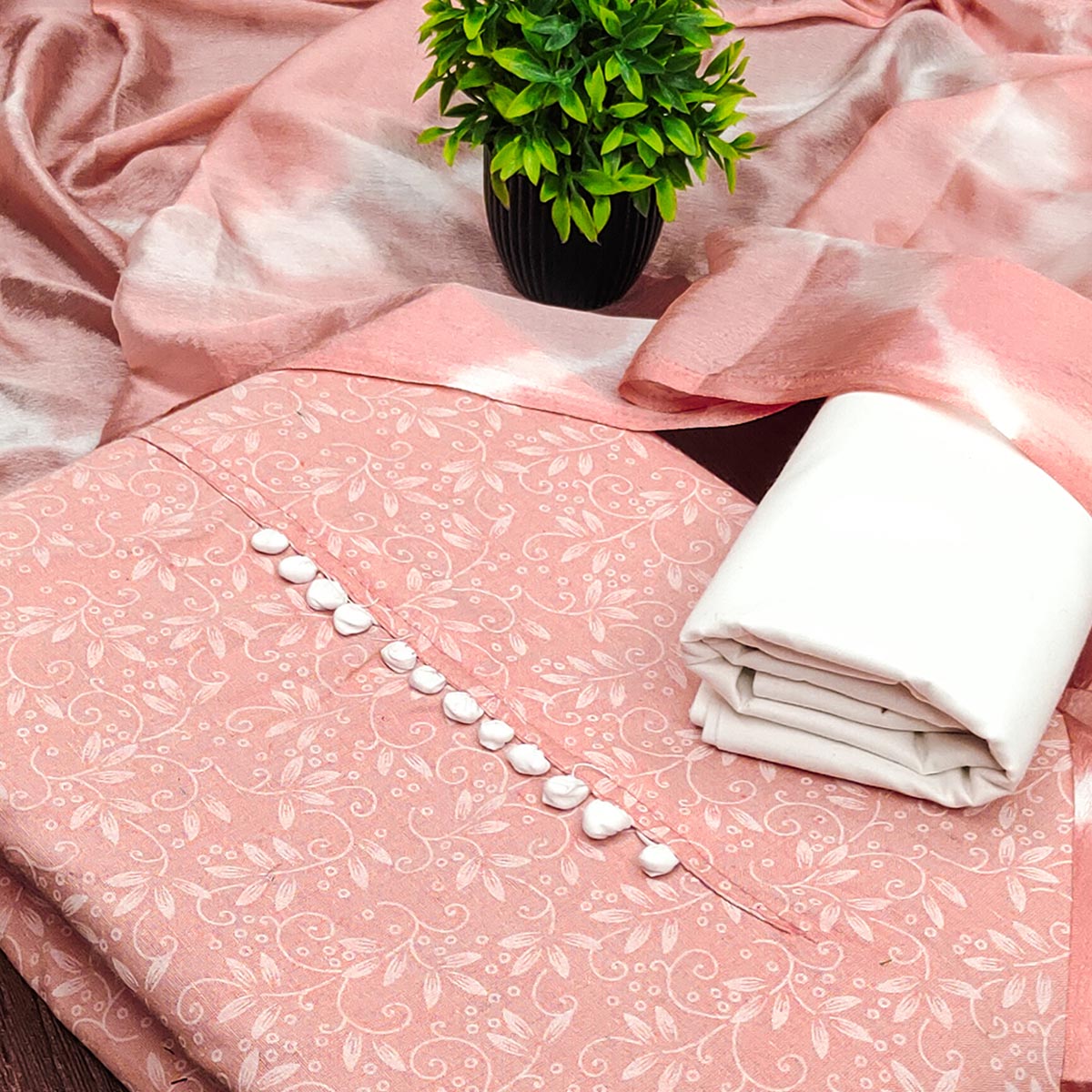 Peach Cotton Blend Dress Material Enhanced With Artistic Floral Printed Work