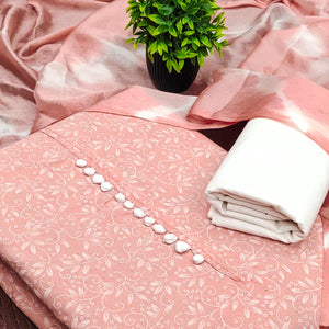 Peach Cotton Blend Dress Material Enhanced With Artistic Floral Printed Work