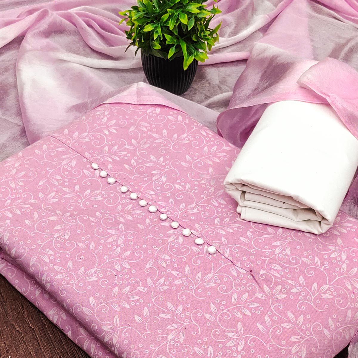 Pink Cotton Blend Dress Material Enhanced With Artistic Floral Printed Work