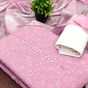 Pink Cotton Blend Dress Material Enhanced With Artistic Floral Printed Work