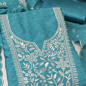 Stylish Blue Floral Thread Embroidery & Sequins Work Vichitra Silk Dress Material