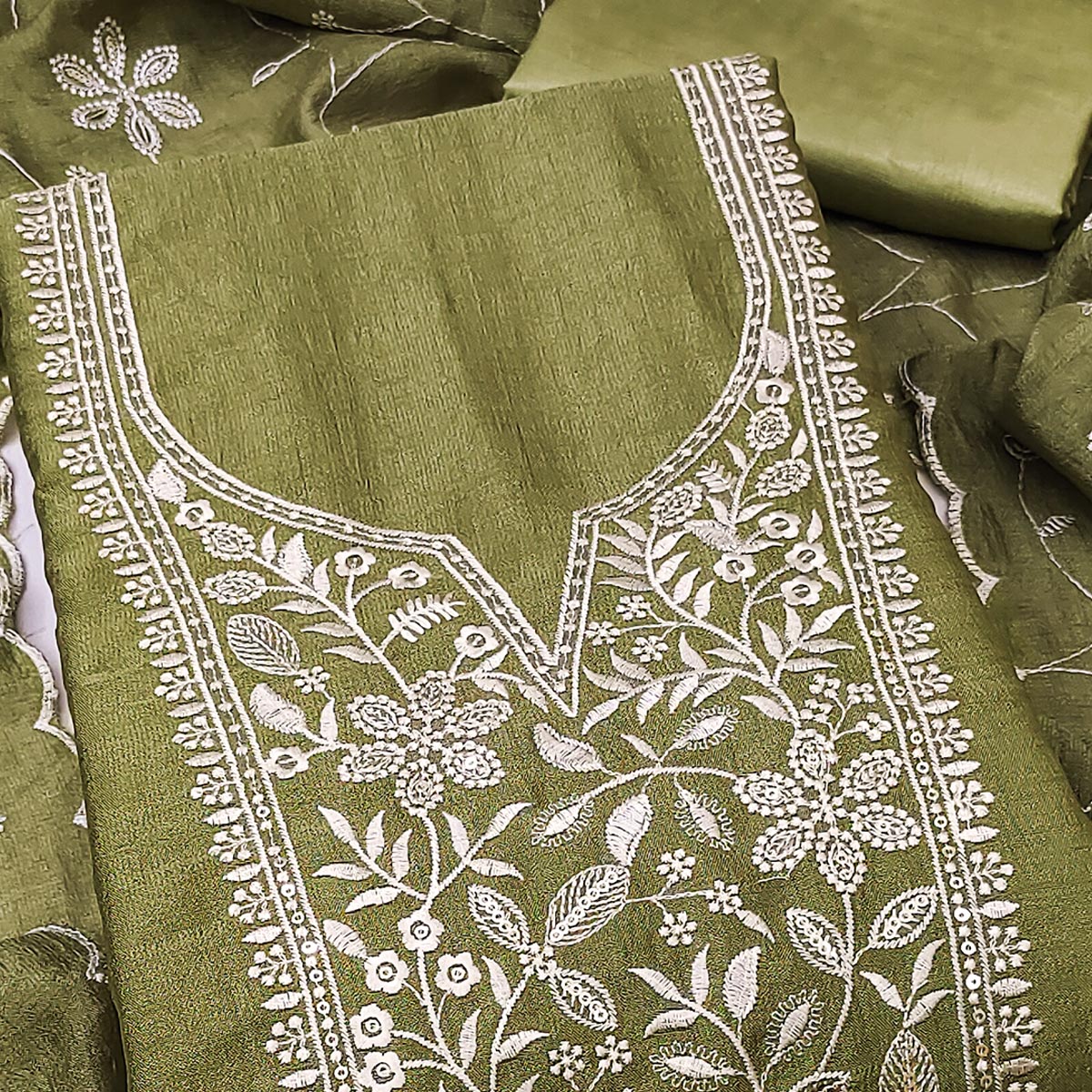 Charming Green Vichitra Silk Dress Material With Floral Thread & Sequins Work