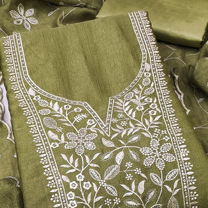 Charming Green Vichitra Silk Dress Material With Floral Thread & Sequins Work