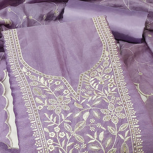 Elegant Lavender Floral Thread Embroidered With Sequins Work Vichitra Silk Dress Material