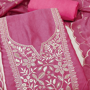 Graceful Pink Vichitra Silk Fabric Featuring Floral Thread & Sequins Work Dress Material