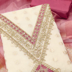 Cream & Gajari Pink Shimmer Featuring Floral Butti Weaving With Cording Embroidered Dress Material
