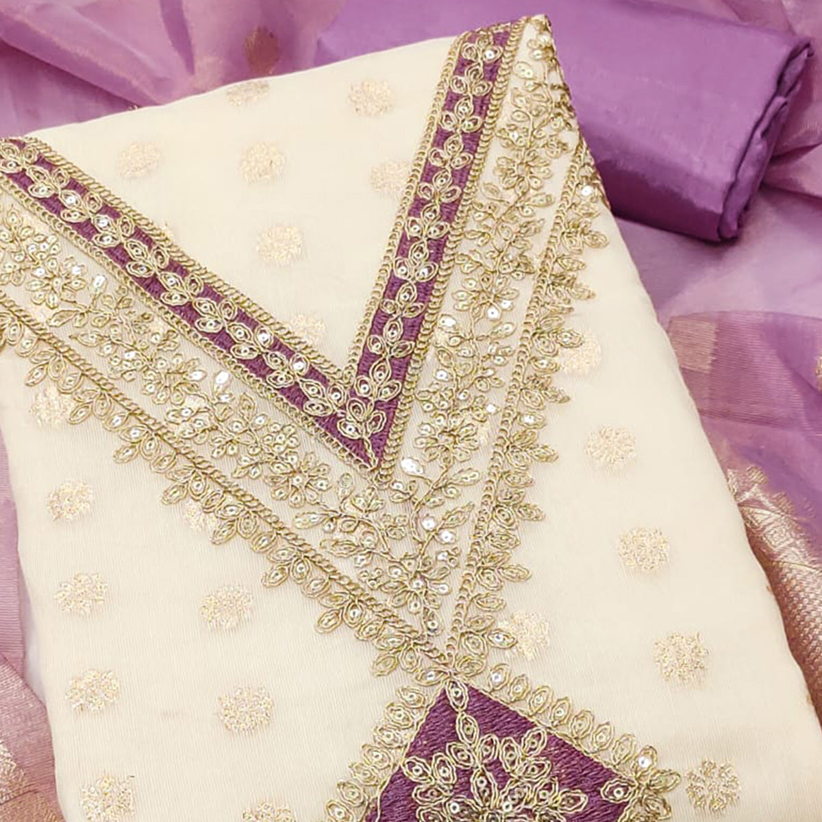 Cream & Lavender Shimmer Featuring Floral Butti Weaving With Cording Embroidered Dress Material