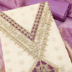 Cream & Lavender Shimmer Featuring Floral Butti Weaving With Cording Embroidered Dress Material