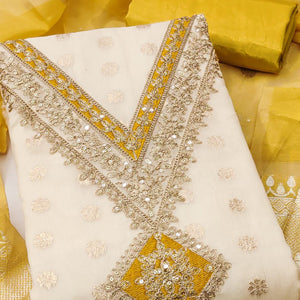 Cream & Yellow Shimmer Featuring Floral Butti Weaving With Cording Embroidered Dress Material