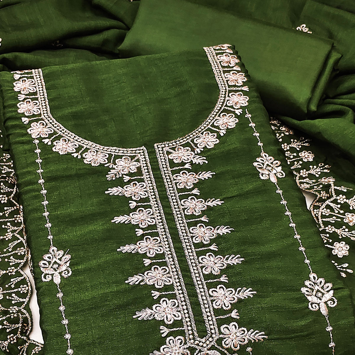 Green Floral Elegance Zari Embroidered Vichitra Silk Dress Material
