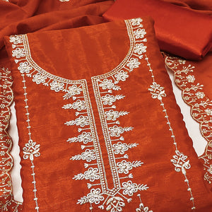 Orange Floral Elegance Zari Embroidered Vichitra Silk Dress Material