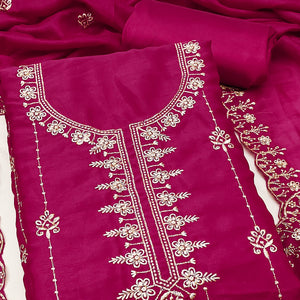 Pink Floral Elegance Zari Embroidered Vichitra Silk Dress Material