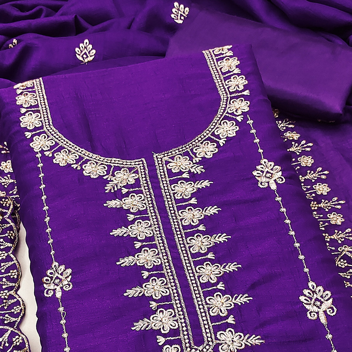 Purple Floral Elegance Zari Embroidered Vichitra Silk Dress Material