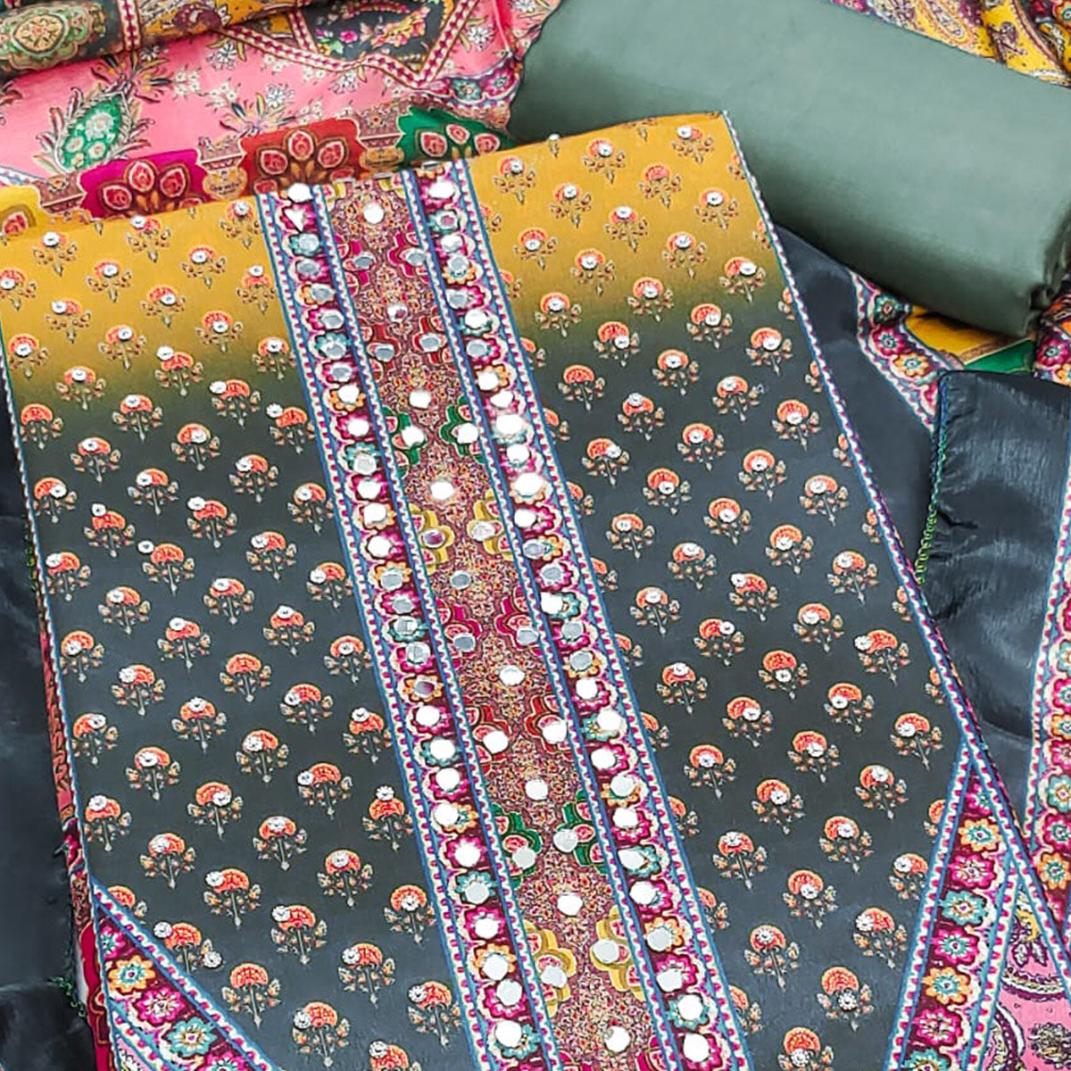 Grey Floral Printed Chinon Dress Material Embellished With Mirror & Stone Work