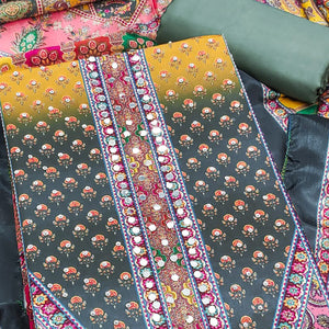 Grey Floral Printed Chinon Dress Material Embellished With Mirror & Stone Work