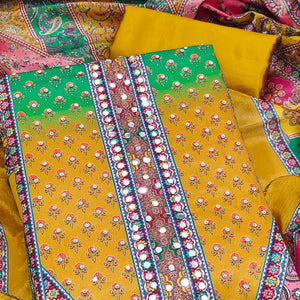 Mustard Floral Printed Chinon Dress Material Embellished With Mirror & Stone Work