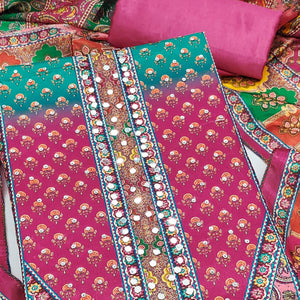 Pink Floral Printed Chinon Dress Material Embellished With Mirror & Stone Work