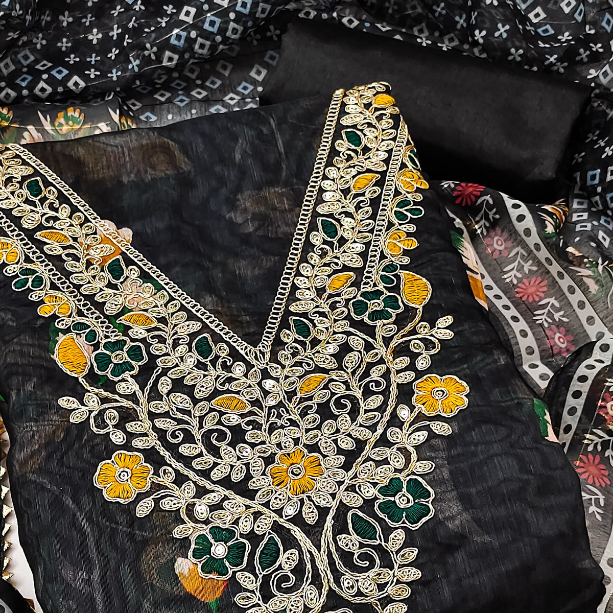Black Chanderi Silk Dress Material With Digital Floral Print & Cording Embroidery Work