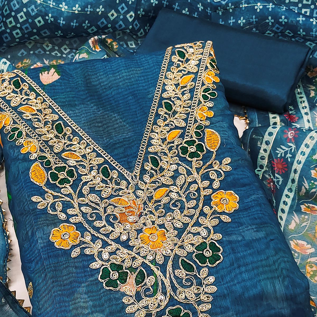 Blue Chanderi Silk Dress Material With Digital Floral Print & Cording Embroidery Work