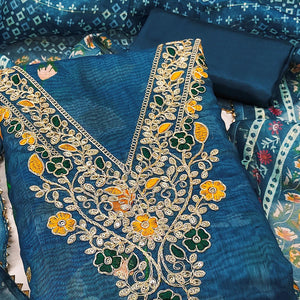 Blue Chanderi Silk Dress Material With Digital Floral Print & Cording Embroidery Work
