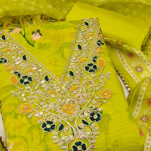 Green Chanderi Silk Dress Material With Digital Floral Print & Cording Embroidery Work